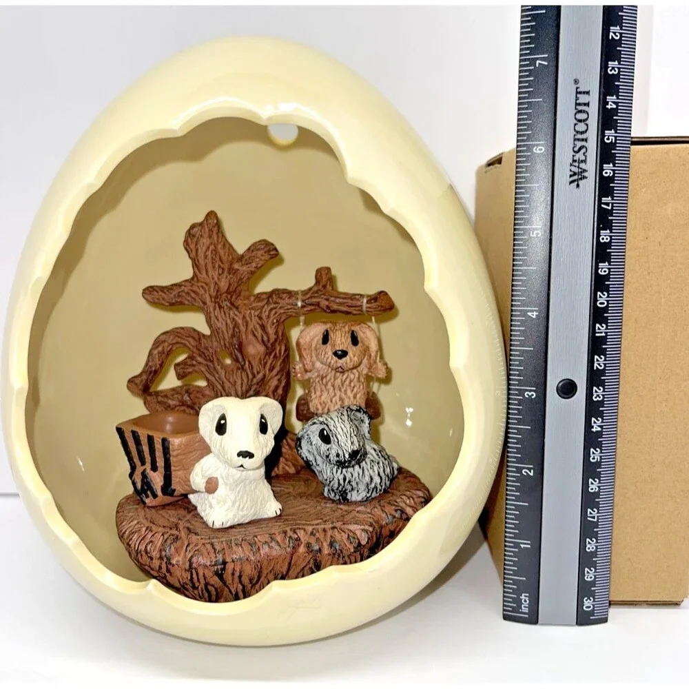 Vintage style ceramic egg diorama with woodland BUNNIES and tree swing, 7.5 inch